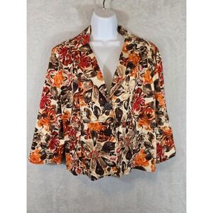 LaVita Blazer Jacket Womens Large Orange Brown Floral 3/4 Sleeve Autumn Buttons